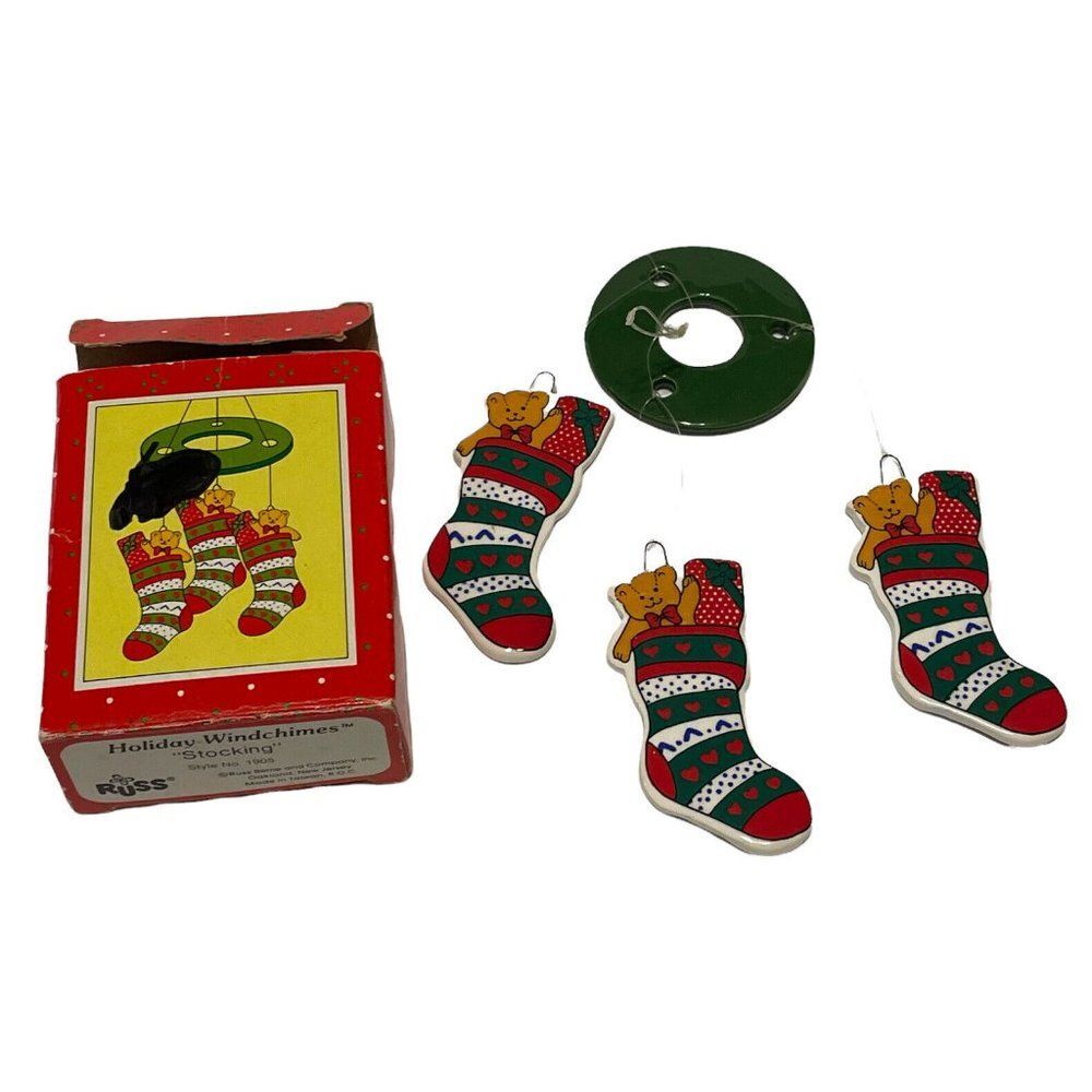 Vintage RUSS Holiday Chime Bear Stocking Ceramic Christmas Ornament 1905